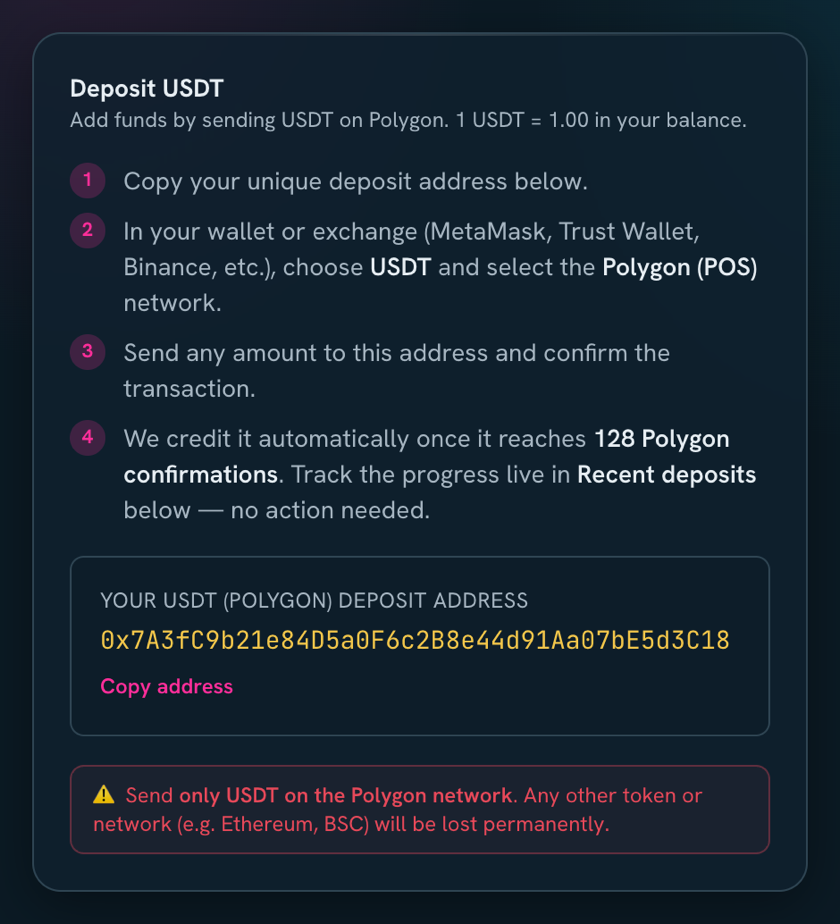 Jatta Nights USDT deposit screen