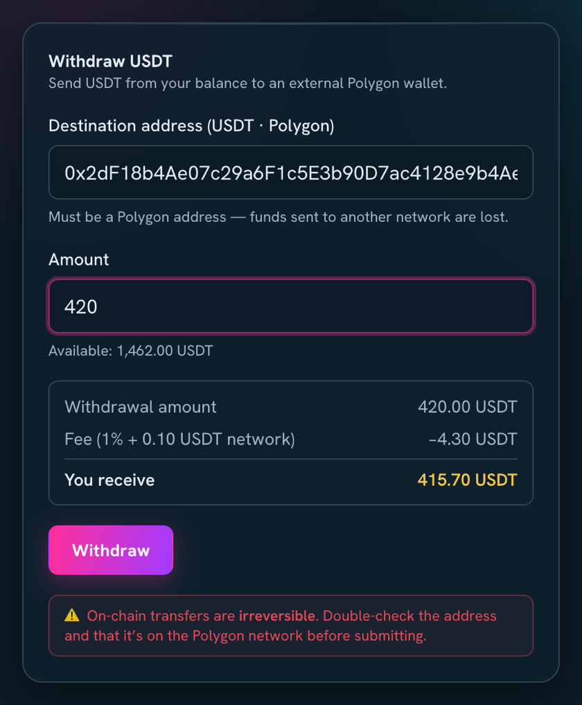 Jatta Nights USDT withdraw screen